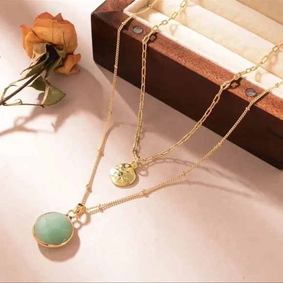 Set of 2 14K Gold Plated Natural stone Boho Chic Necklaces - Picture 3 of 4